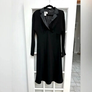 Vintage Jones New York Black Empire Waist Satin Collar V-Neck Midi Dress Size 12